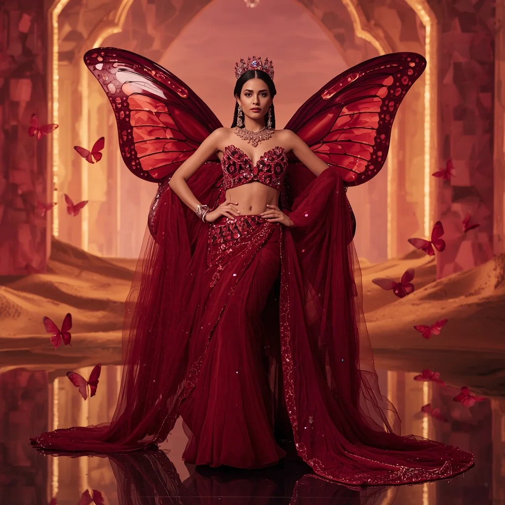 Ruby Mirage Butterfly Throne Saree  Luxury Red Crystal Couture with Jewel Desert Fantasy Background | Best Ai Prompt 2026