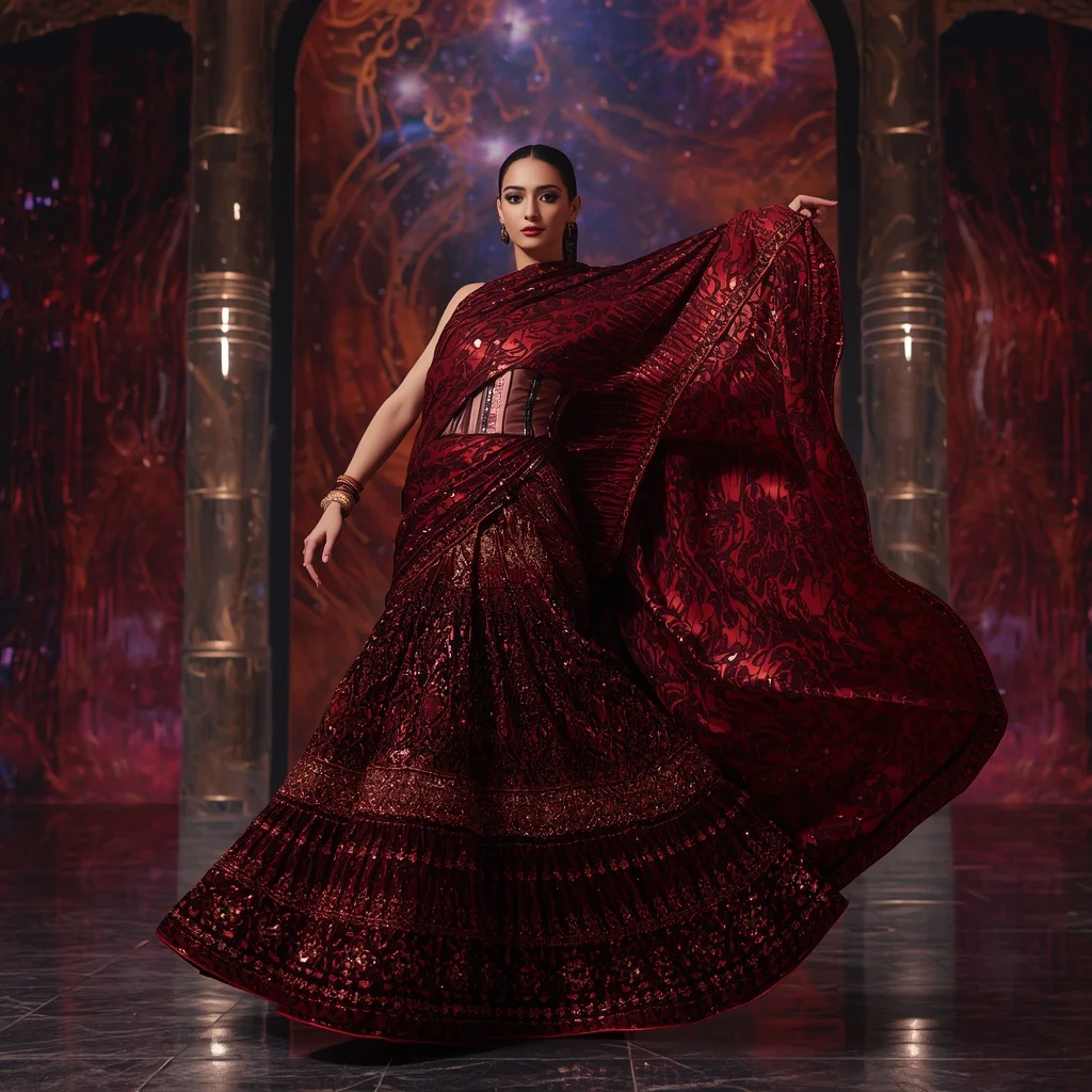 Ruby Moonflare Sovereign Saree with Floating Halo Fortress and Chromatic Fireglass Veins | Ai Image Generator Prompt