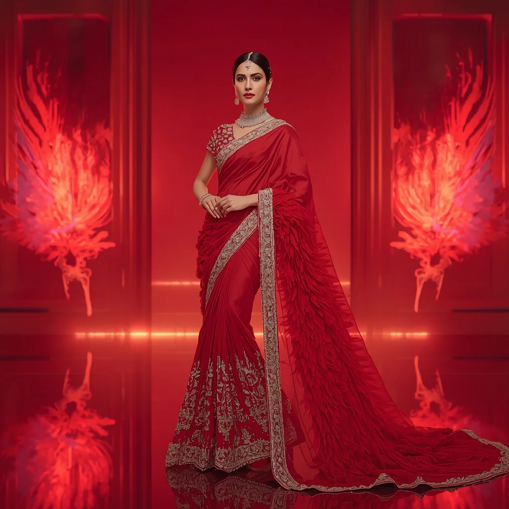 Ruby Phoenix Aurora Saree – Heavy Bridal Glam Saree with Royal Pose and Phoenix Aurora Kingdom Background | Gemini Ai Prompt