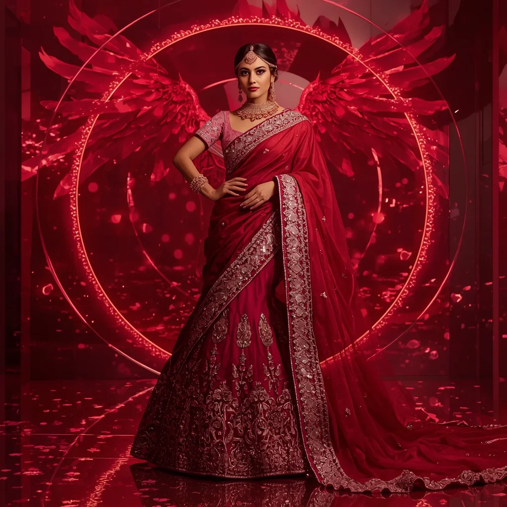 Ruby Phoenix Mirage Saree – Heavy Bridal Glam Saree with Royal Pose and Phoenix Mirage Kingdom Background | Desi Girl Ai Prompt