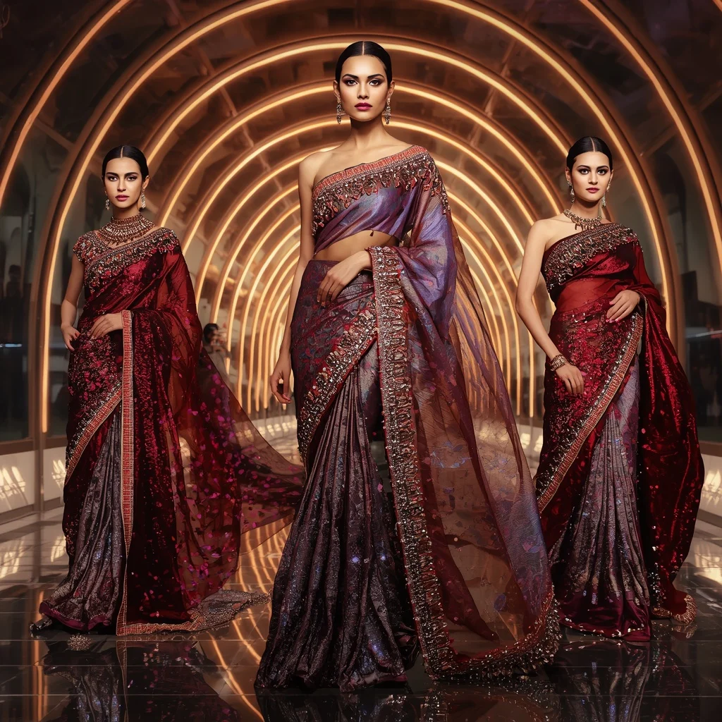 Ruby Prism Metallic Saree with Curved Neon Arc Galaxy Temple | New Instagram Trend Prompt For Girl Attitude