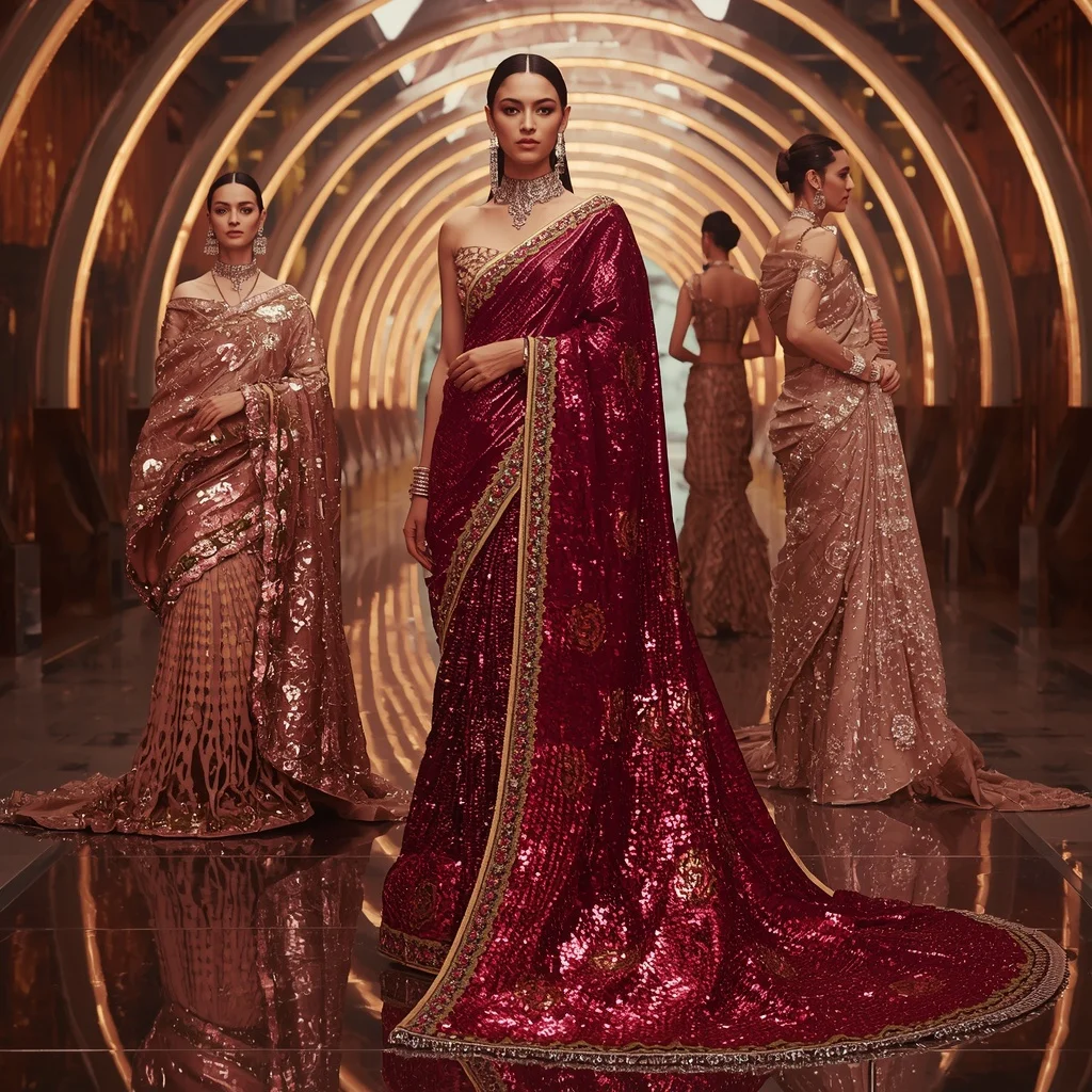Ruby Prism Metallic Saree with Curved Neon Arc Infinity Crystal Cathedral | Girls Trending Prompt Gemini Instagram