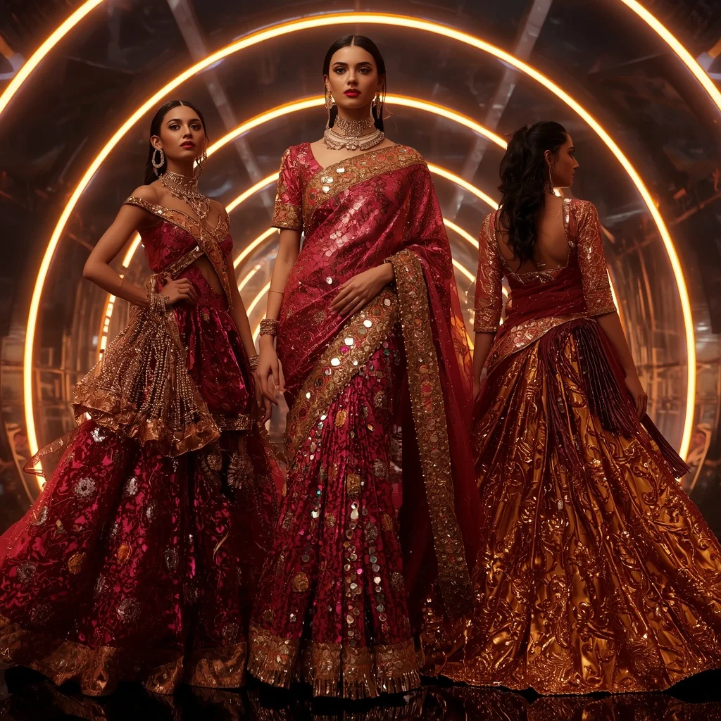 Ruby Prism Metallic Saree with Curved Neon Arc Infinity Fortress | Prompt Seen Horror Girl