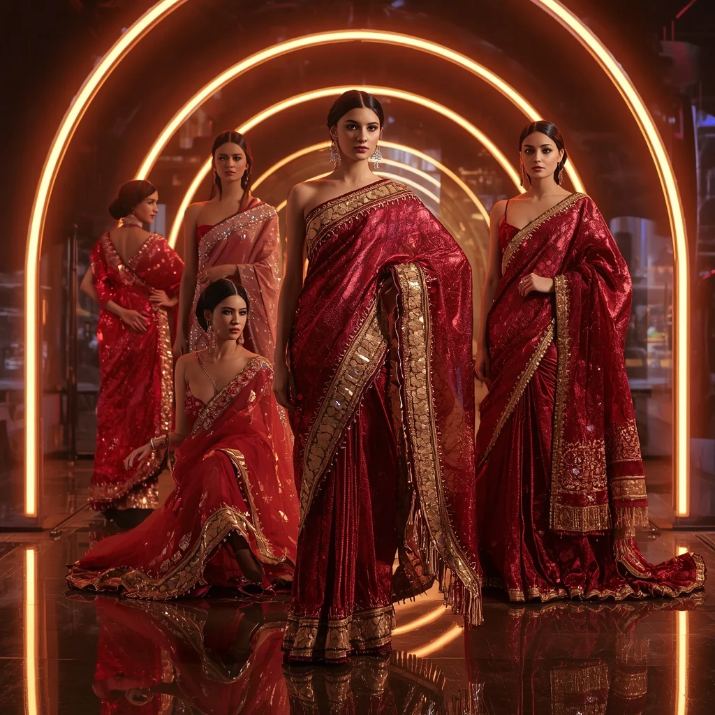 Ruby Prism Metallic Saree with Curved Neon Arc Sanctuary | South Indian Prompt For Gemini Girl Instagram