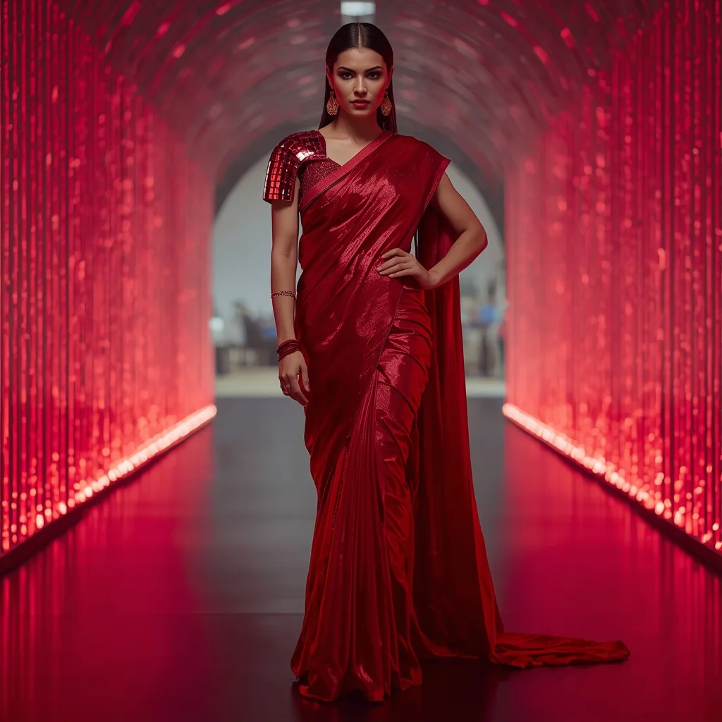 Ruby Red Armor-Drape Saree in Digital Waterfall Gallery | Prompt For Gemini AI Girl Style Trending Indian
