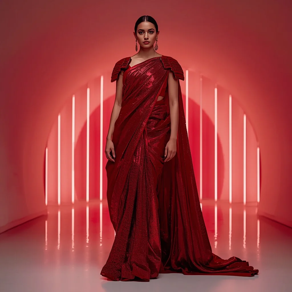 Ruby Red Armor-Drape Saree with Digital Waterfall Gallery | Prompt Seen Trending Girl Instagram