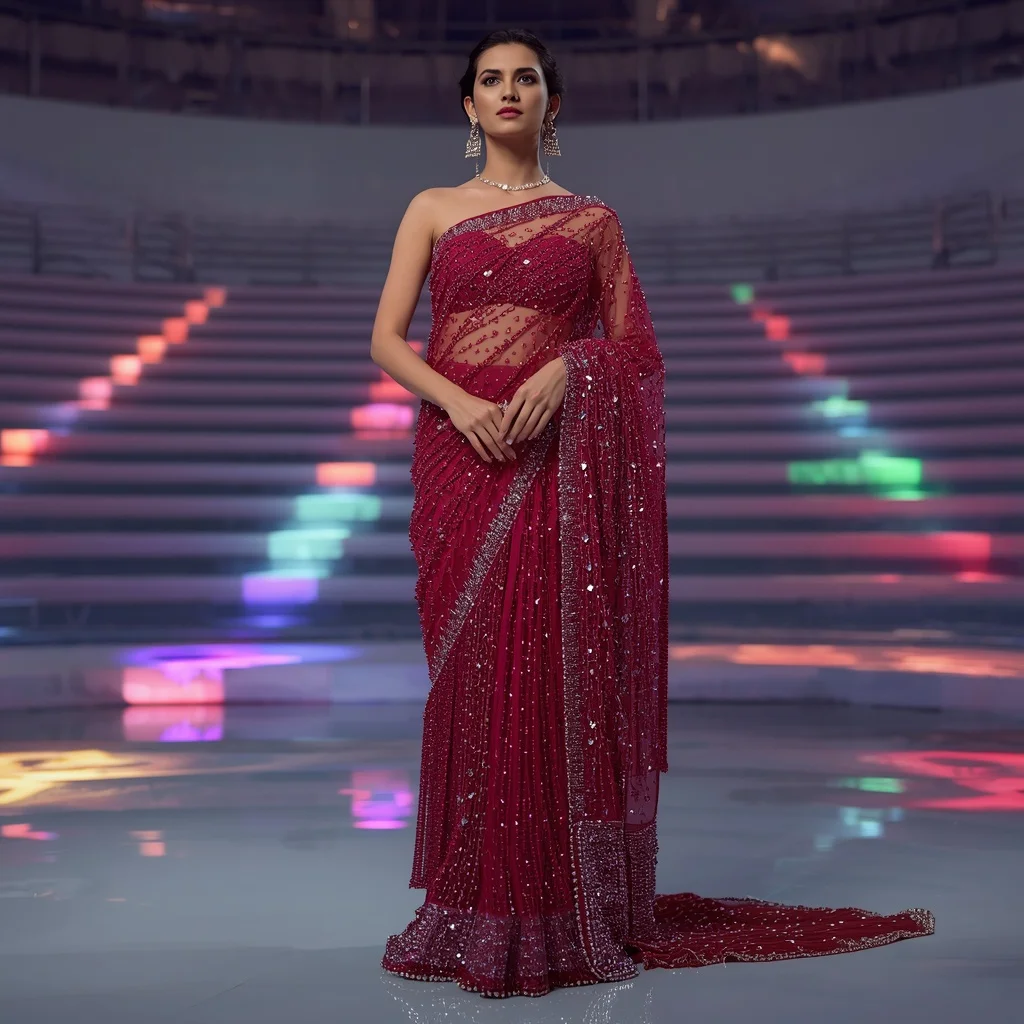 Ruby Red Net Saree with Swarovski Overload and Beaded Fringes | Prompt For Gemini AI Girl Trending