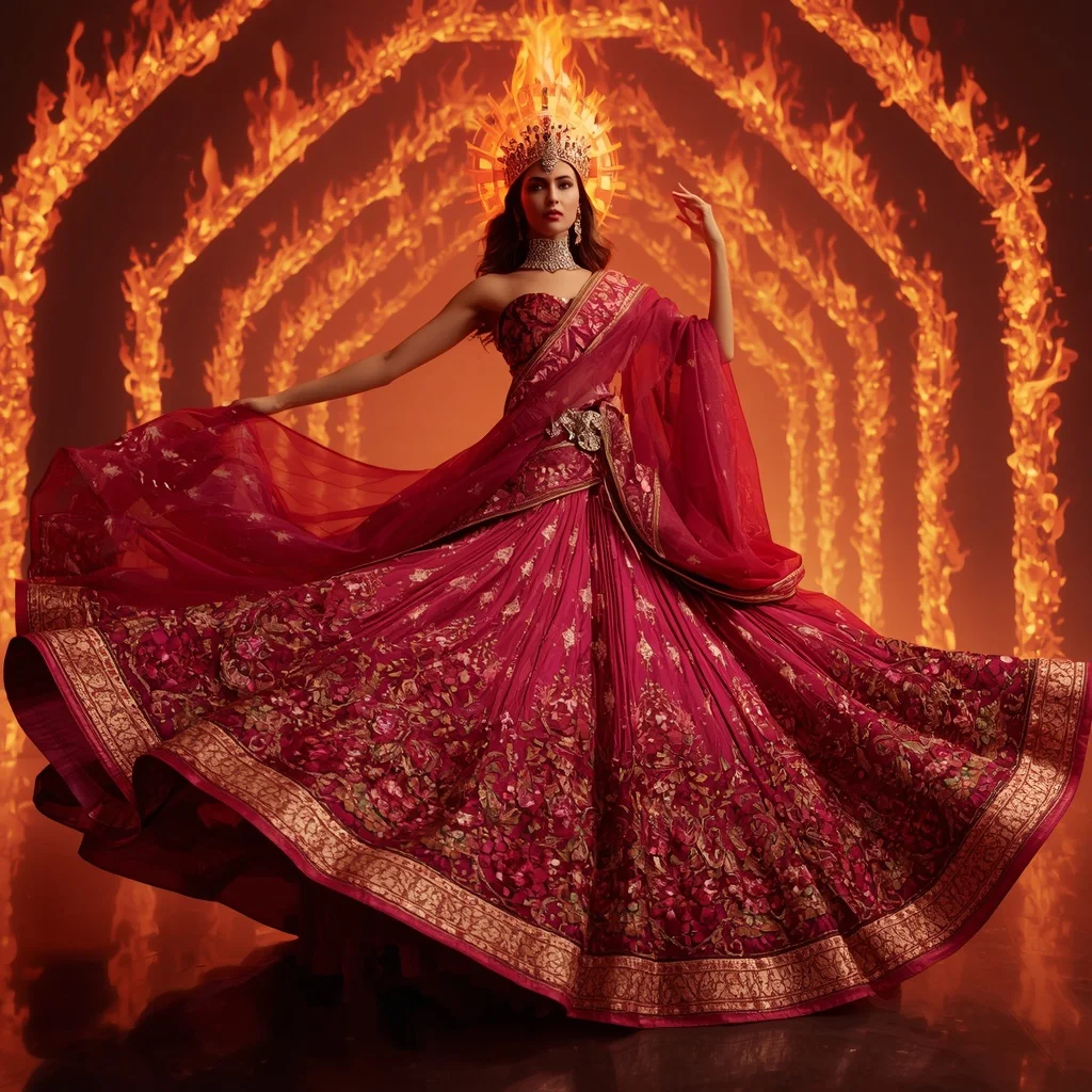 Ruby Solar Crown Saree with Floating Fire Arches and Inferno Royal Sanctuary | Prompt Seen Girl Photo Editing Trending