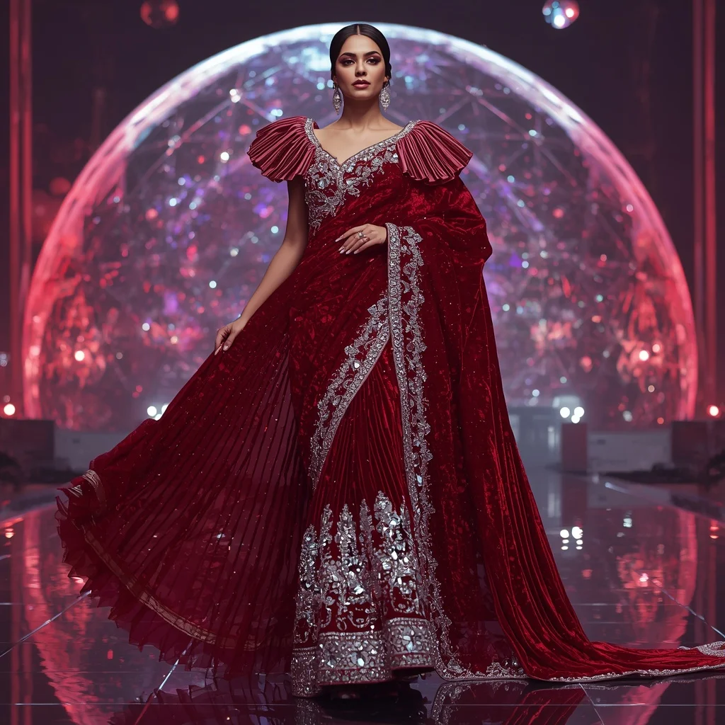 Ruby Velvet Galaxy Saree with Infinity Dome Citadel | Flux Ai Prompt