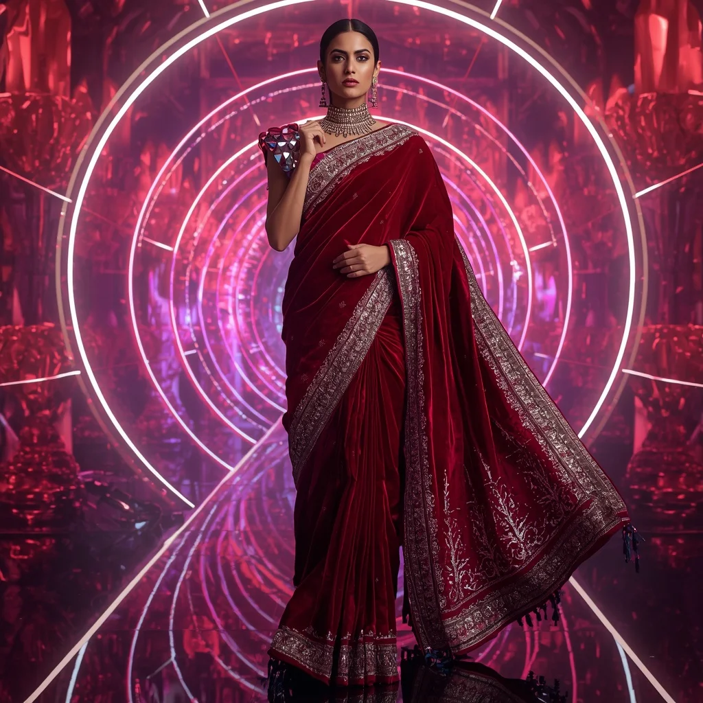 Ruby Velvet Galaxy Saree with Infinity Dome Neon Crystal Empire | Image Prompt