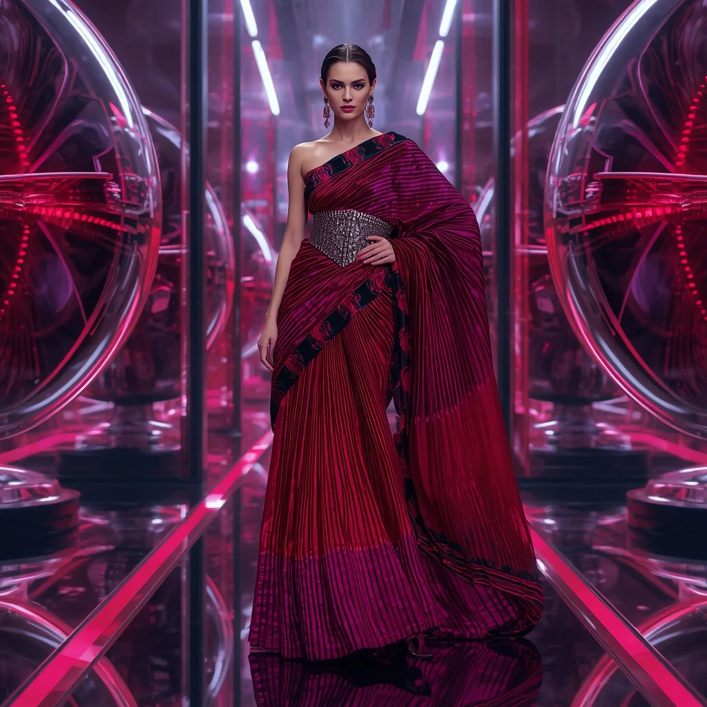 Ruby Voltage Infinity Saree with Mirror Sphere Neon Dimensions | Sora Ai Prompt