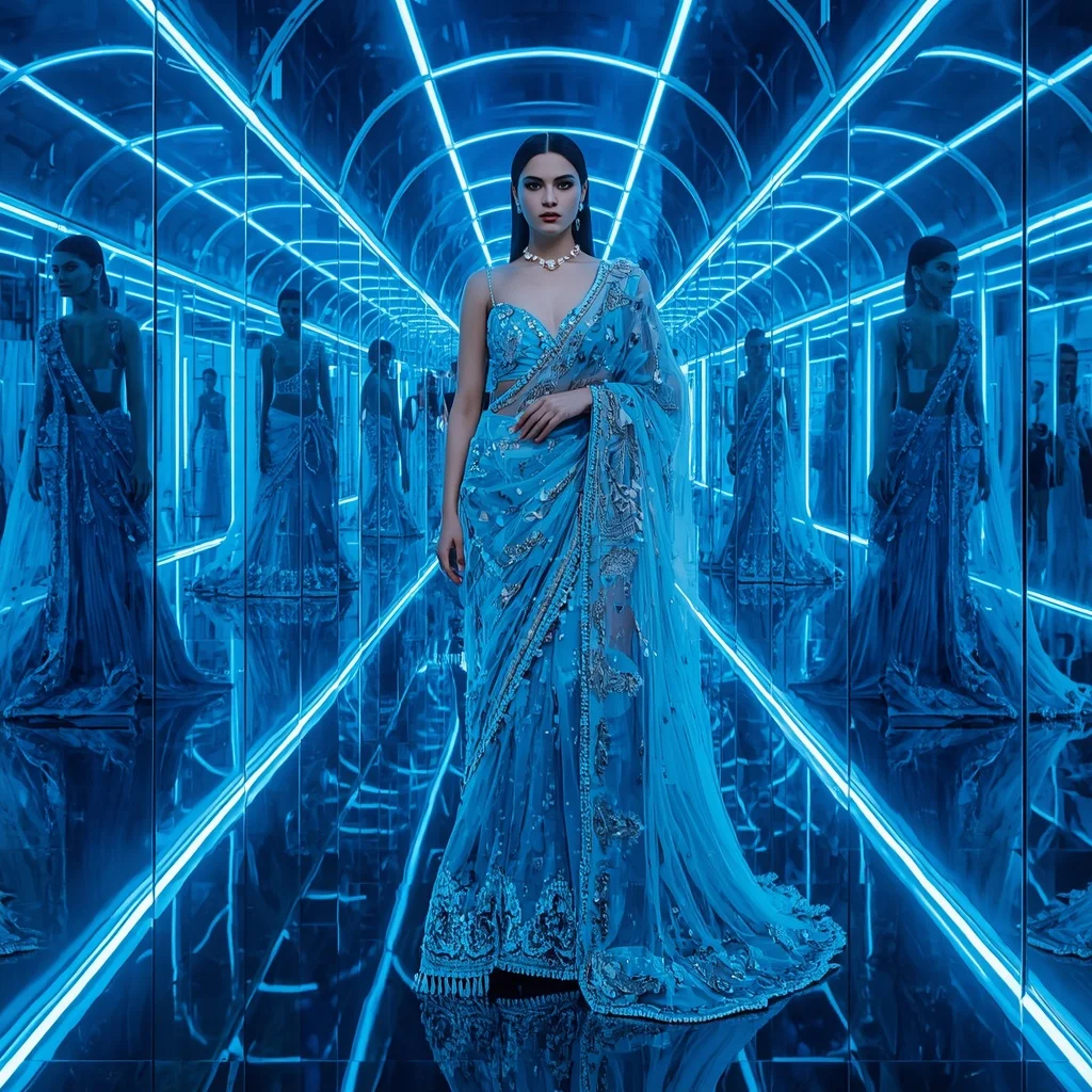Sapphire Aurora Crystal Saree with Neon Infinity Mirror Corridor | ChatGPT Photo Editing Prompts For Girl
