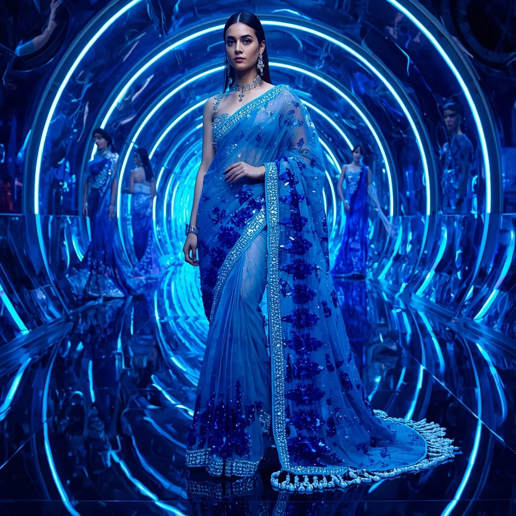 Sapphire Aurora Crystal Saree with Neon Infinity Orbit Palace | Prompt For Gemini Ai Girl Model Instagram