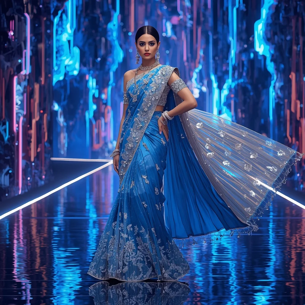 Sapphire Aurora Fantasy Saree with Floating LED Fortress | Gemini Ai Photo