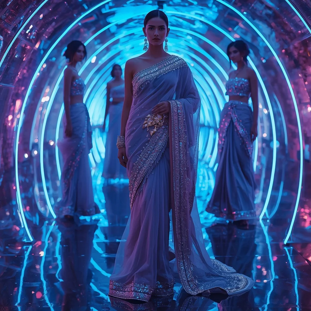 Sapphire Aurora Flame Saree with Neon Infinity Crystal Tunnel | Ultra Realistic Ai Prompt