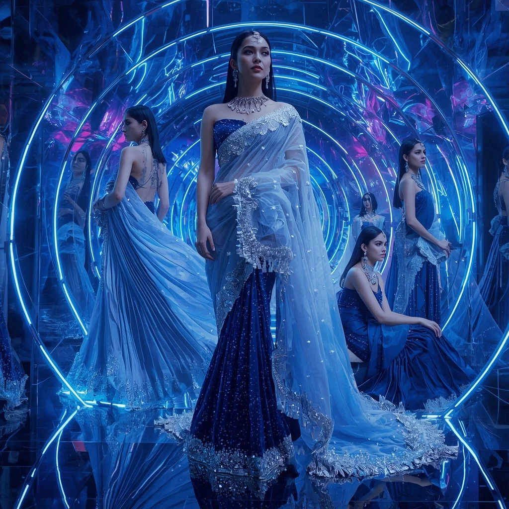 Sapphire Aurora Galaxy Saree with Neon Crystal Infinity Dome | Saree Ai Prompt