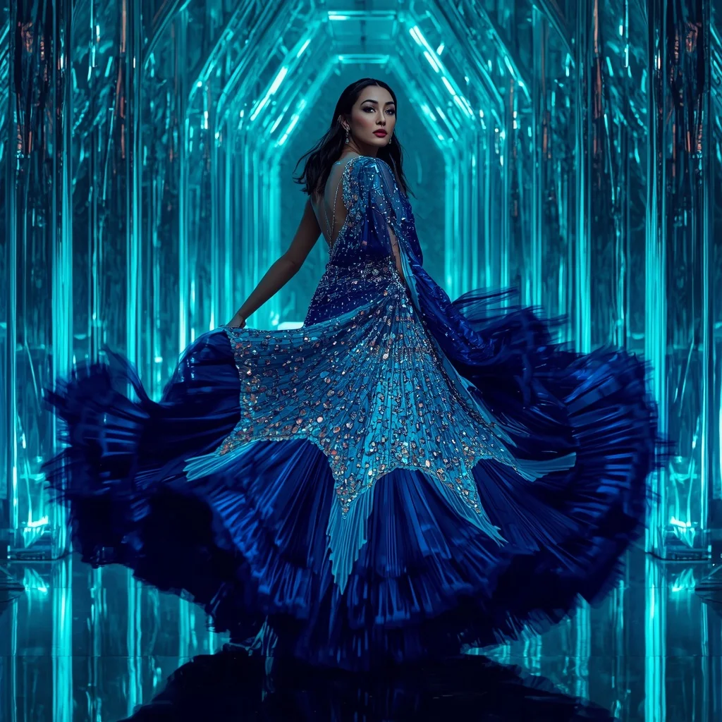 Sapphire Aurora Quantum Saree with Crystal Ice Infinity Cathedral | Cyberpunk Girl Ai Prompt