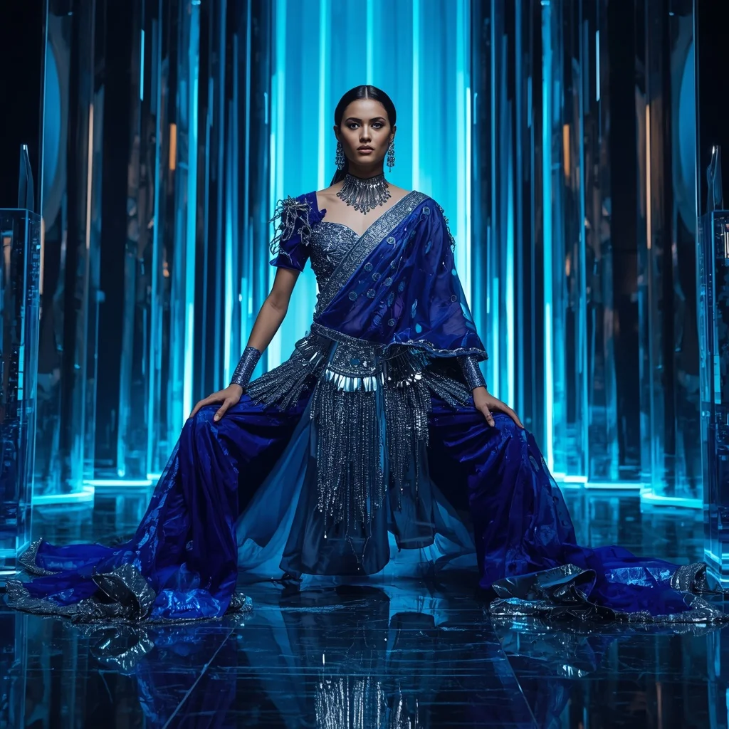 Sapphire Blade Inferno Saree with Neon Crystal Citadel | Instagram Prompt For Traditional Look For Girl