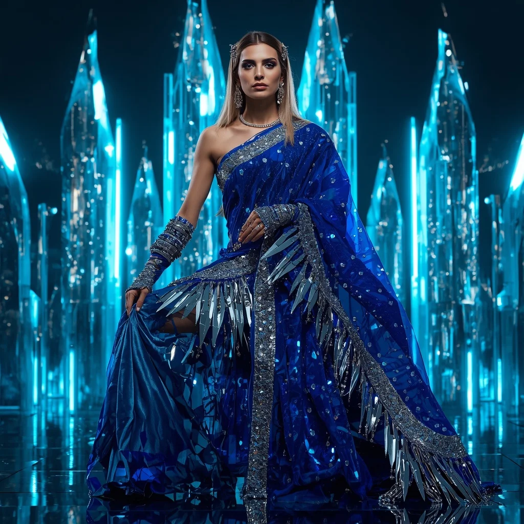 Sapphire Blade Royale Saree with Neon Crystal Fortress | Gemini Photo Prompt