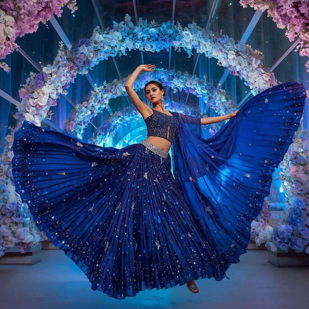 Sapphire Butterfly Aurora Saree with Celestial Crystal Garden Dome | Gemini Photo Prompt