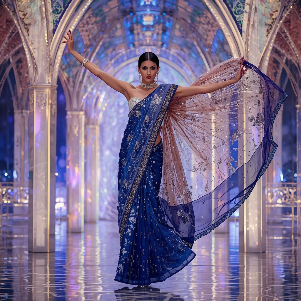Sapphire Crown Mirage Saree with Crystal Spine Pavilion and Holographic Bloom Rails | Ai Girl Image Prompt
