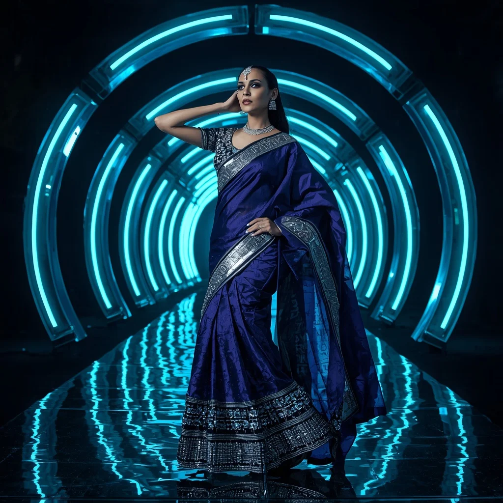 Sapphire Crystal Eclipse Saree with Floating Arc Reflection Orbit Infinity Pavilion | Viral Instagram Ai Prompt