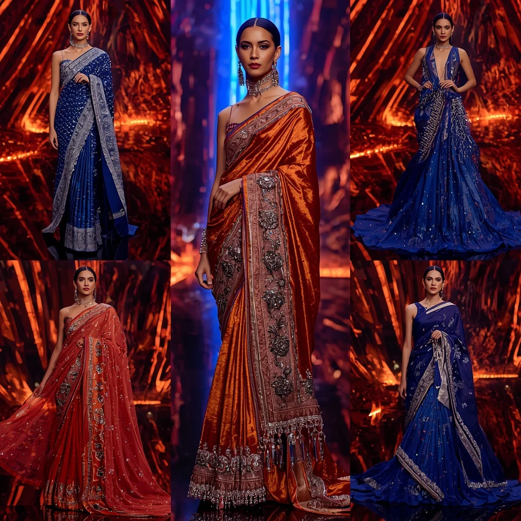Sapphire Flame Queen Saree with Neon Lava Infinity Citadel | Cute Girl Ai Prompt
