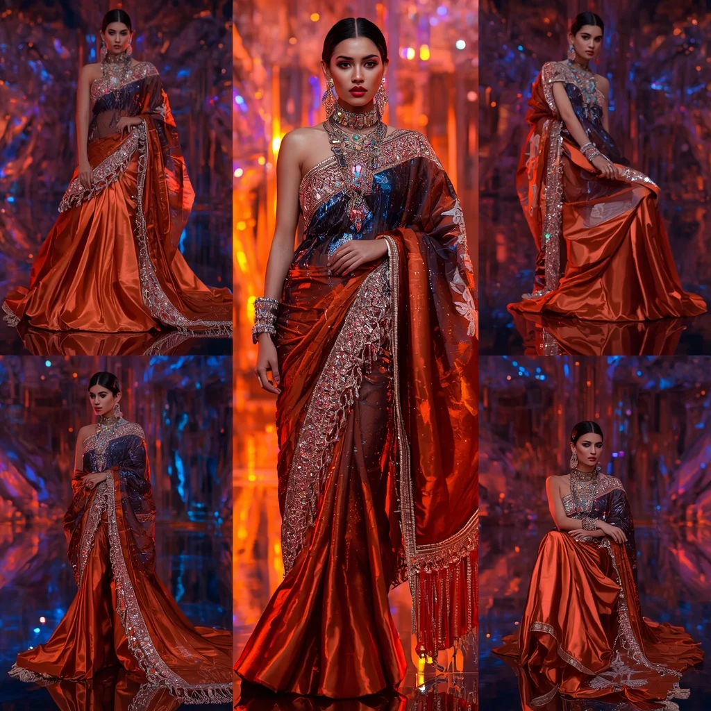 Sapphire Flame Queen Saree with Neon Lava Infinity Crystal Fortress | ChatGPT Photo Editing Prompts Trending Instagram For Girl