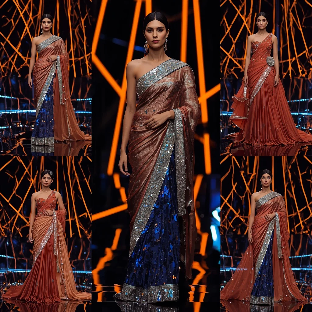 Sapphire Flame Queen Saree with Neon Lava Infinity Empire | Prompt For Traditional Look For Girl Copy Paste