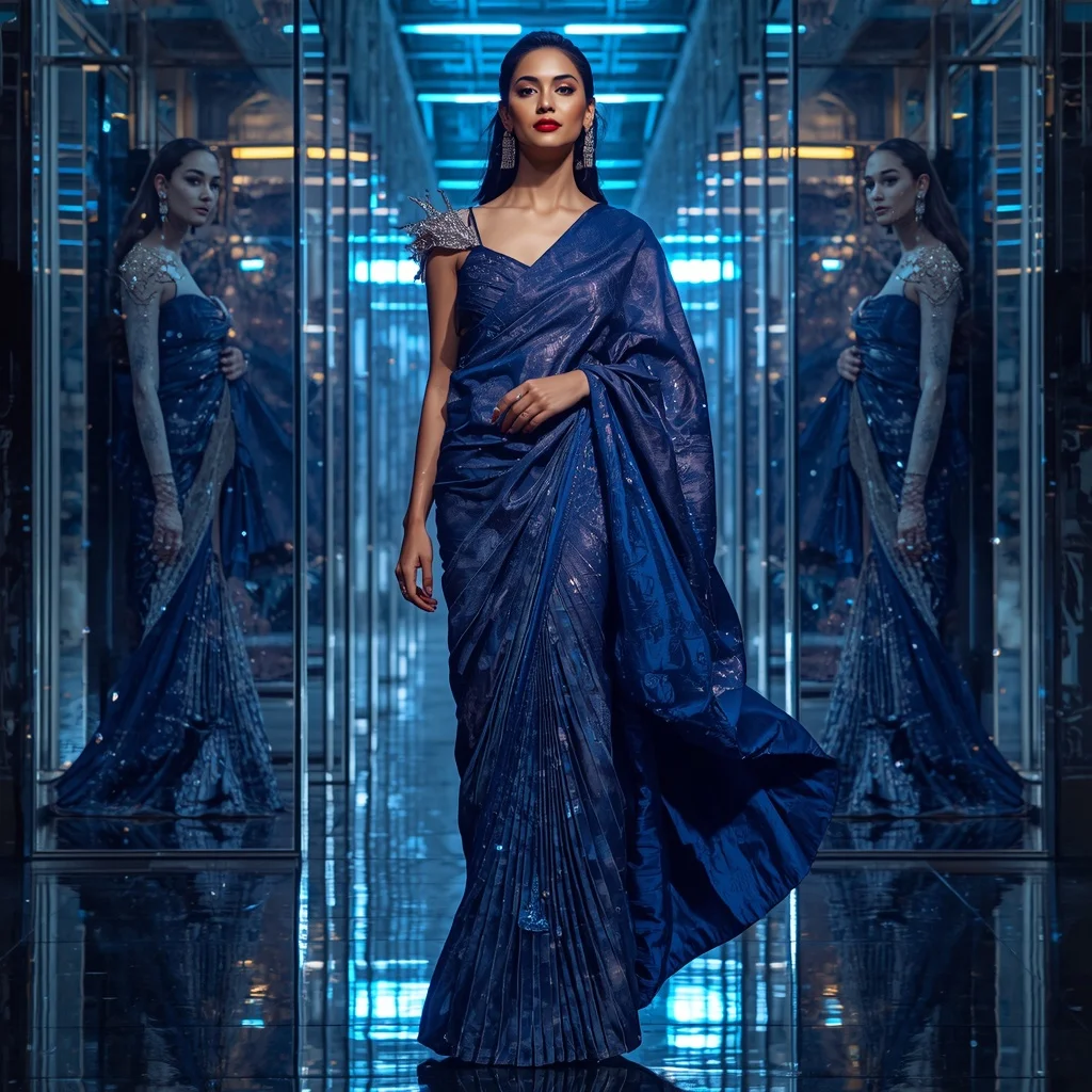 Sapphire Galaxy Saree with Floating Holographic Panels | Saree Trending Ai Prompt