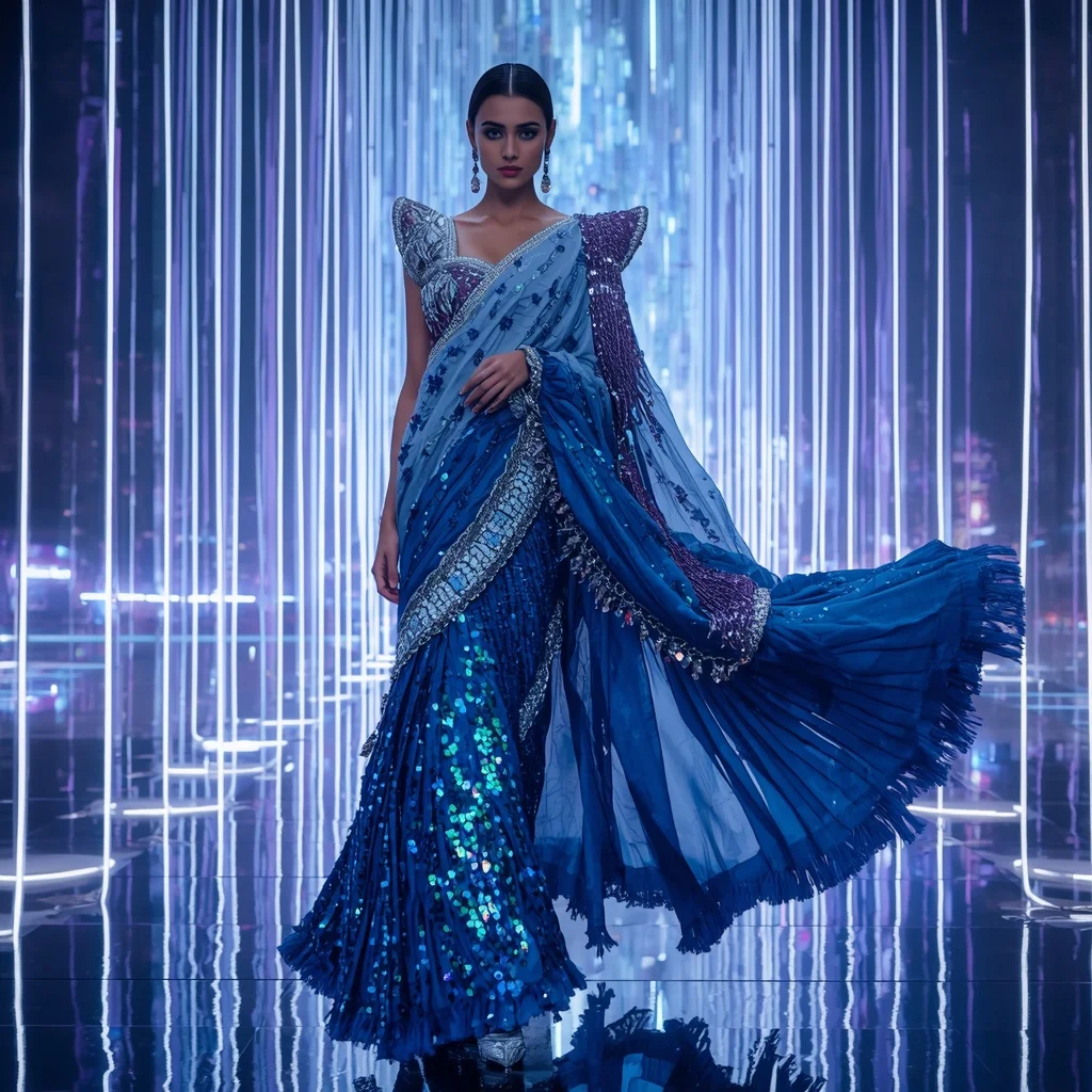 Sapphire Lunar Mirage Saree with Infinity Neon Prism Fortress | Saree Prompt For Chatgpt