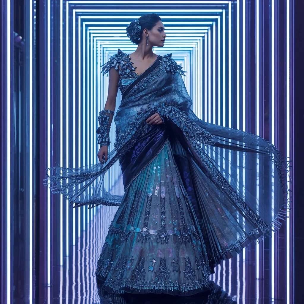 Sapphire Mirage Flame Saree with Infinity Prism Neon Sanctuary | Prompt Engineering