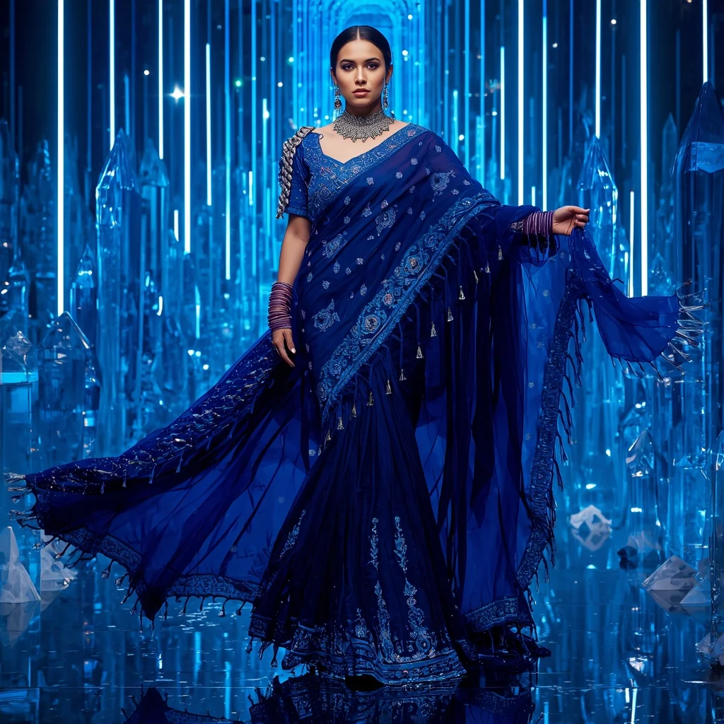 Sapphire Mirage Flame Saree with Neon Infinity Crystal Kingdom | Prompt Seen Trending Girl 2026 Chatgpt