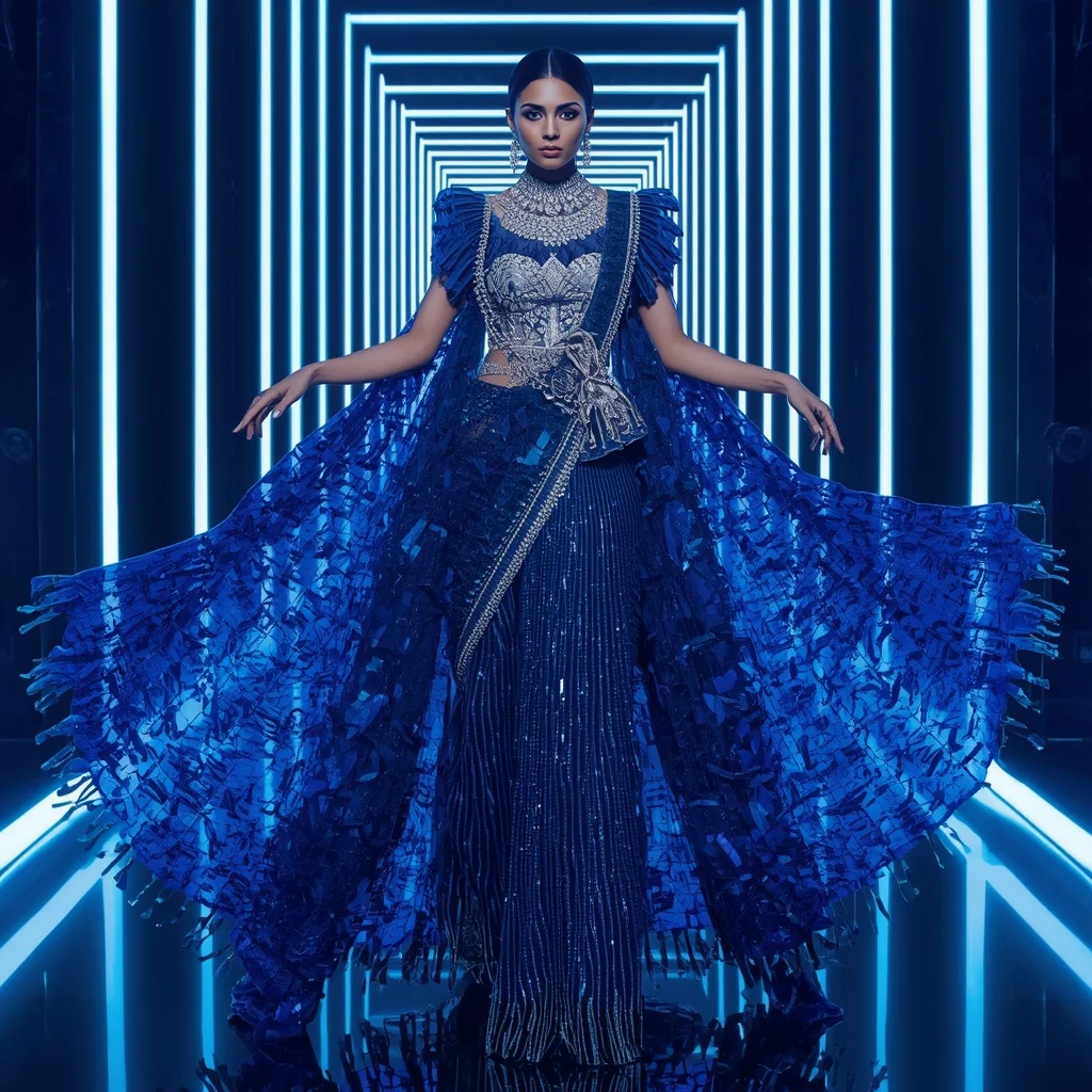 Sapphire Mirage Royale Saree with Neon Infinity Palace | Anime Ai Prompt