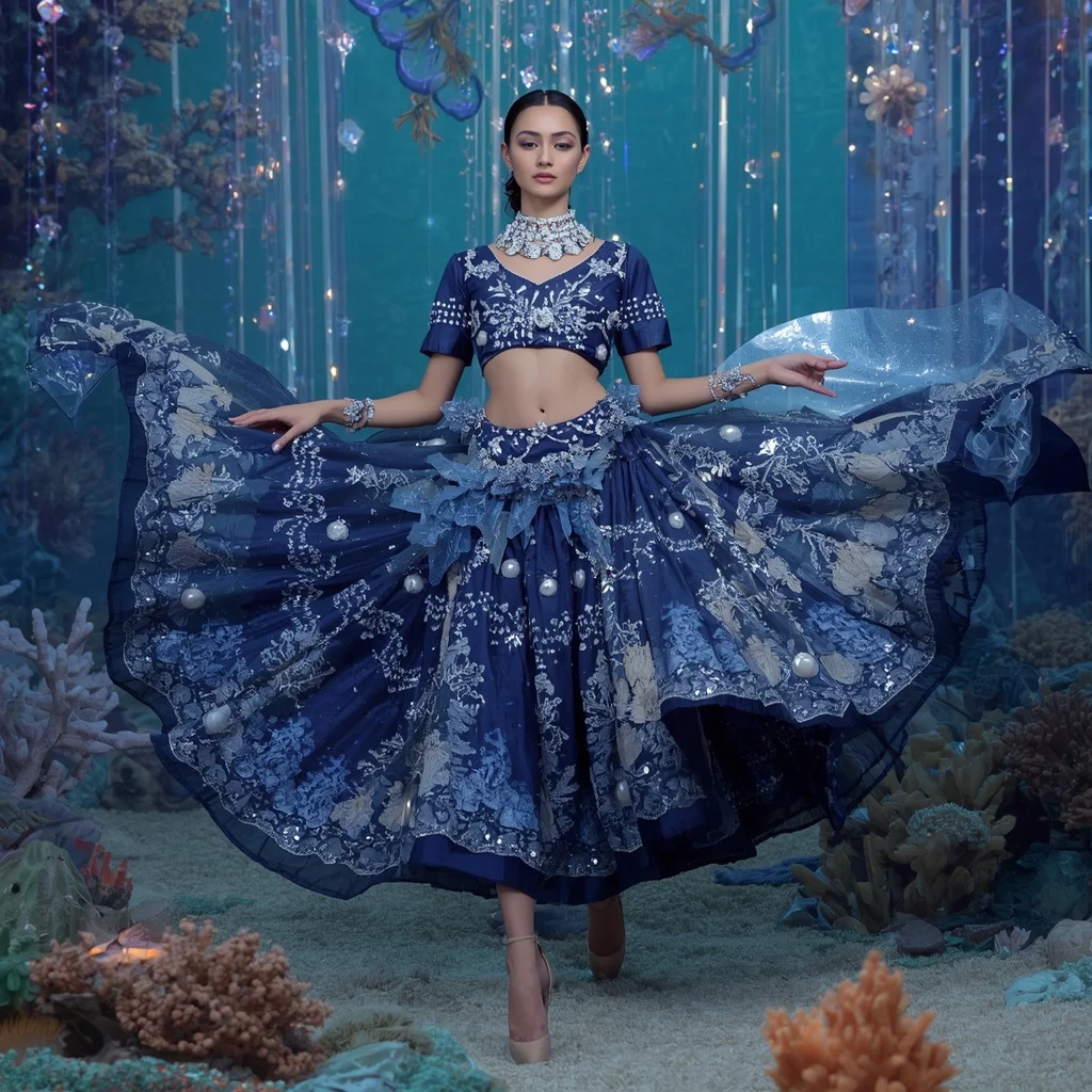 Sapphire Moon Coral Saree with Floating Crystal Reefs and Ocean Dream Kingdom | Ai Portrait Prompt