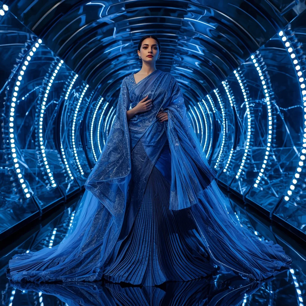 Sapphire Moonlight Royale Saree with Curved Infinity Tunnel | Aesthetic Ai Prompt