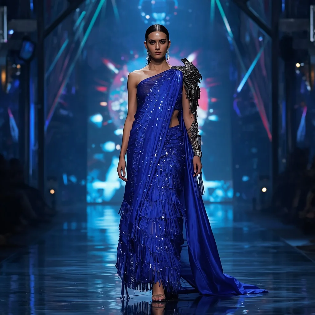 Sapphire Nebula Titan Quantum Apex Armor Saree with Floating Laser Hypergrid Cathedral Nexus Sphere Core | Ideogram Ai Prompt