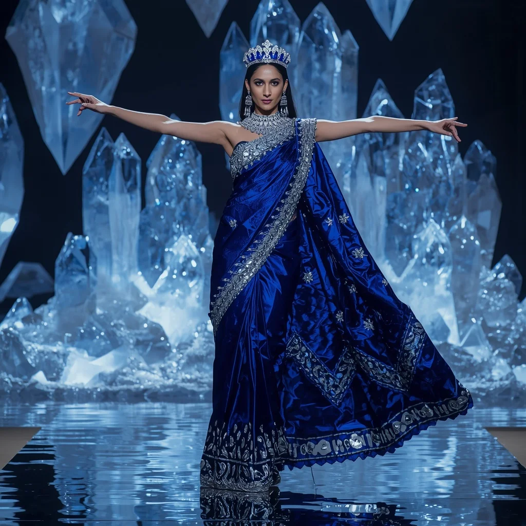 Sapphire Ocean Crown Saree with Floating Crystal Tide Citadels | Picture Prompt