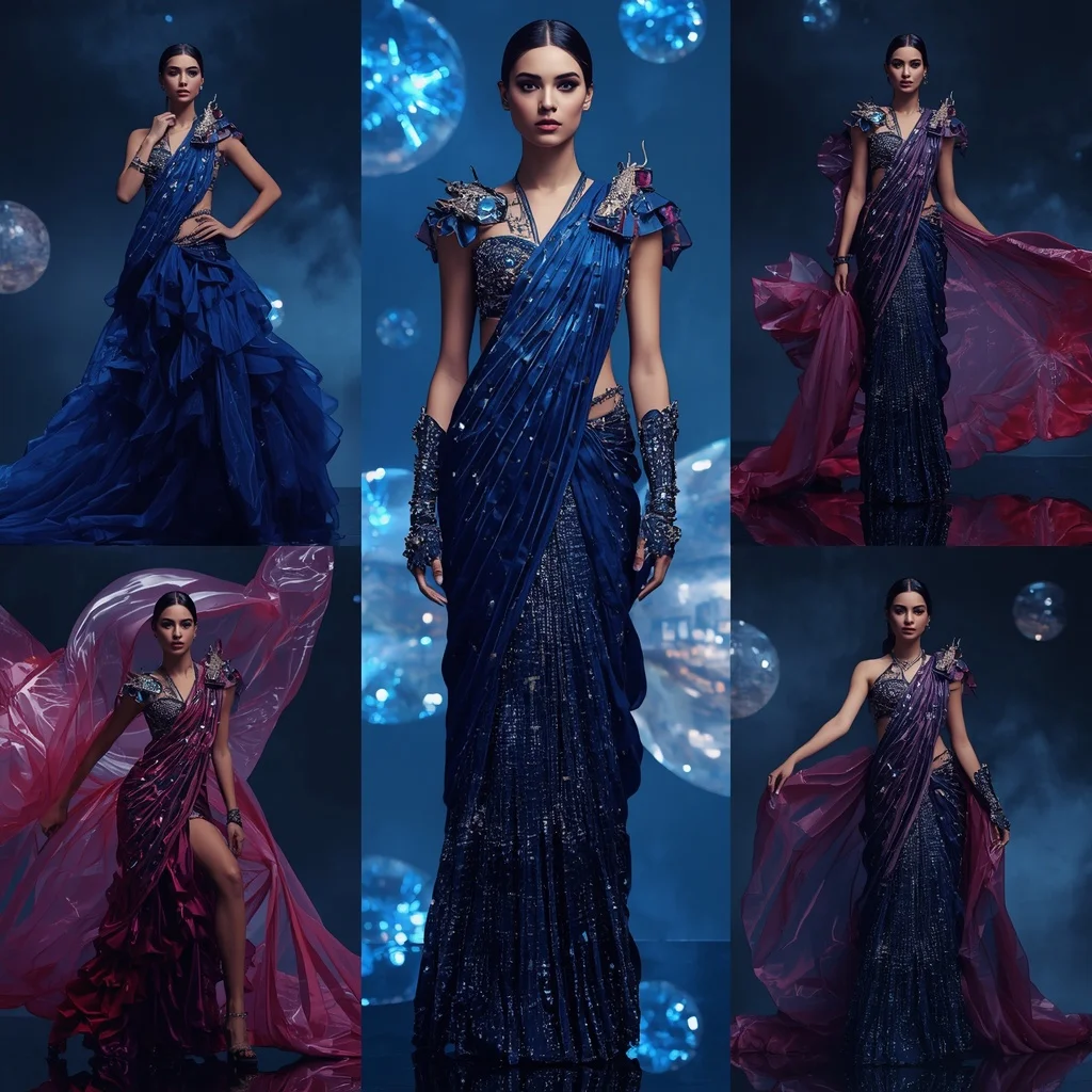 Sapphire Thunder Fantasy Saree with Floating Crystal Domes | Text To Image Prompt