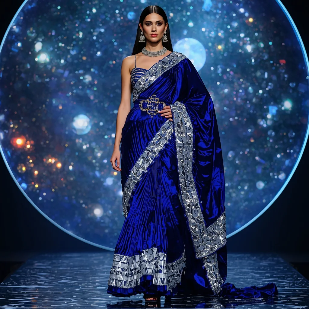 Sapphire Titanium Eclipse Saree with Holographic Crystal Reflection Galaxy Infinity Dome