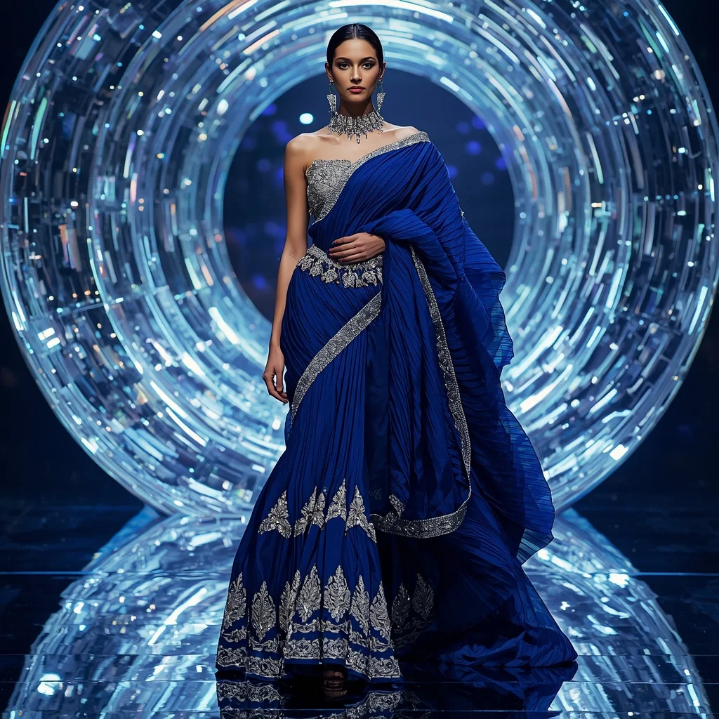 Sapphire Titanium Symphony Saree with Holographic Crystal Reflection Orbit Infinity Pavilion | New Design Ai Prompt