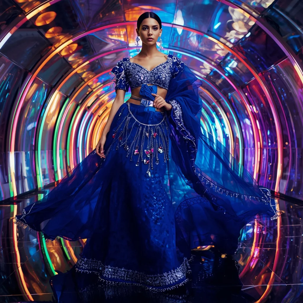 Sapphire Voltage Galaxy Saree with Curved Hologram Reflection Hall | Prompt Ai For Girl Aesthetic