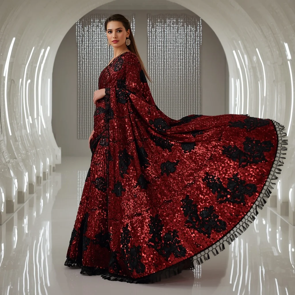 Scarlet Chrome and Black Lace Saree with Pulsing Light Matrix | Prompt Engineering