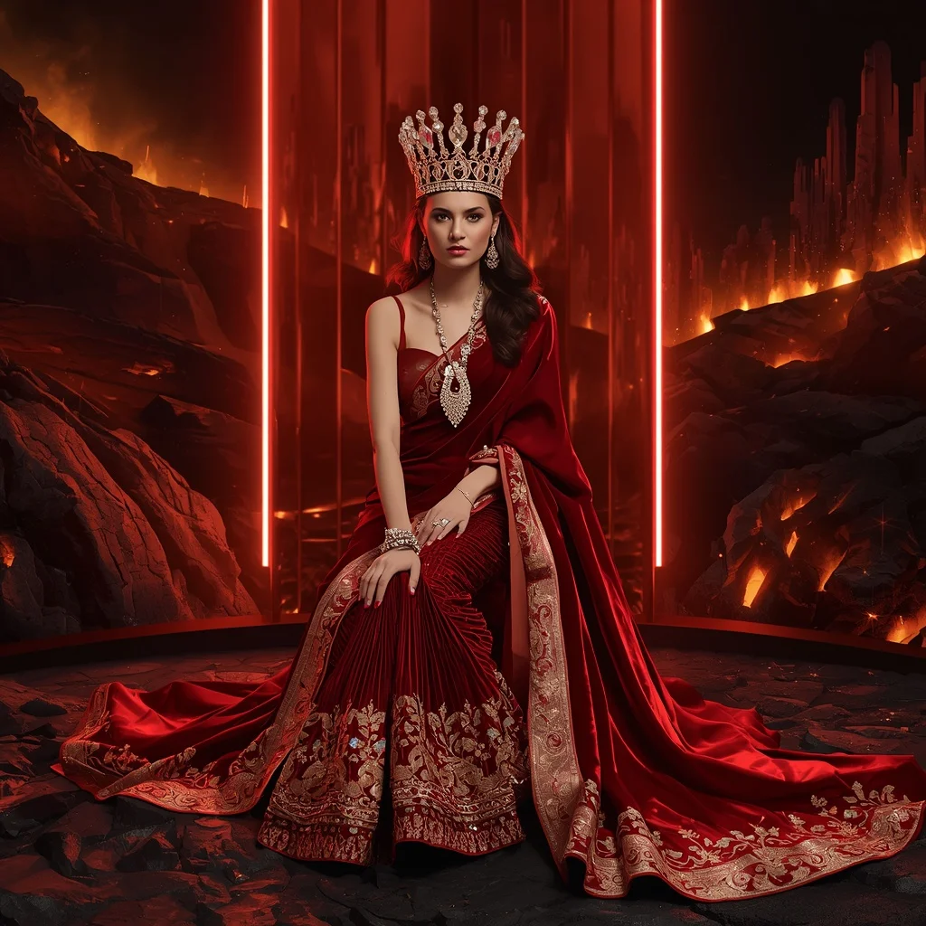 Scarlet Magma Queen Saree with Volcano Crystal Empires and Inferno Crown Fortress | Gemini Ai Photo Prompt