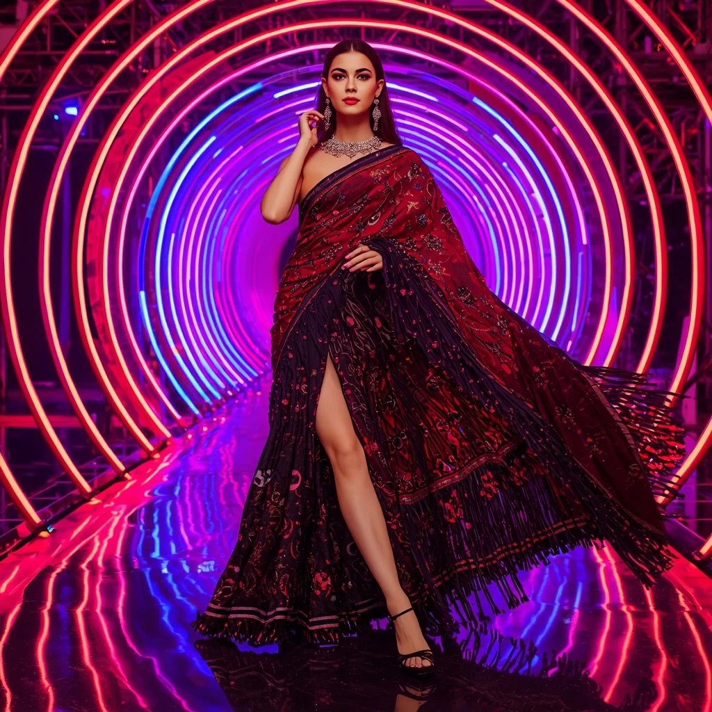 Scarlet Nebula Crystal Saree with RGB Spiral Palace | Editing Prompt Girl Aesthetic