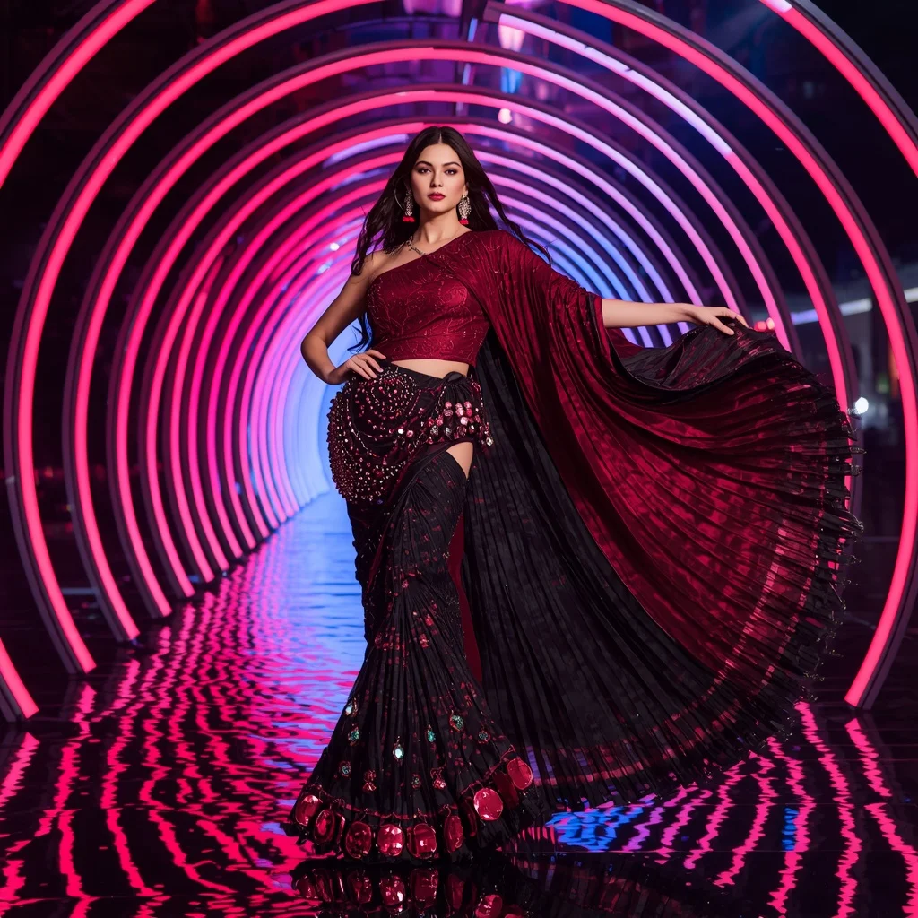 Scarlet Nebula Thunder Saree with RGB Spiral Cathedral | New Instagram Trend Prompt For Girl Love