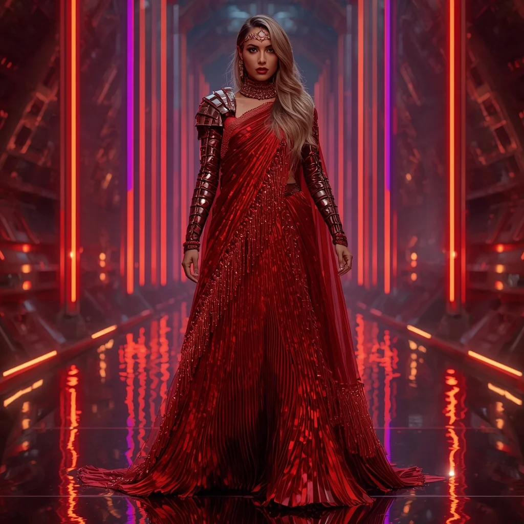 Scarlet Nova Abyss Infinity Armor Saree with Quantum Rift Engine Tunnel Core Collapse Field Nexus System | Realistic Ai Prompt