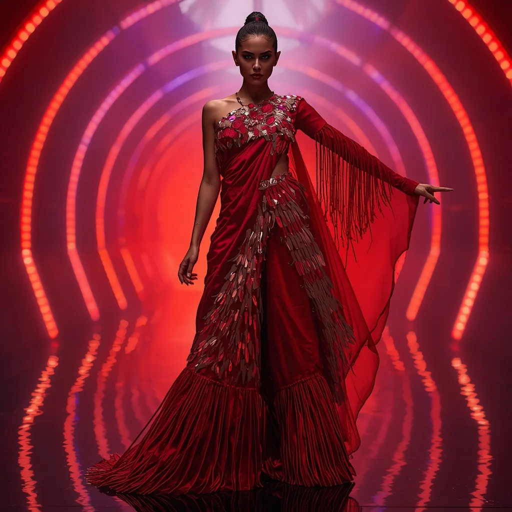 Scarlet Nova Abyss Infinity Surge Armor Saree with Quantum Rift Engine Tunnel Core Collapse Field Nexus System | Gemini Photo Editing Prompt