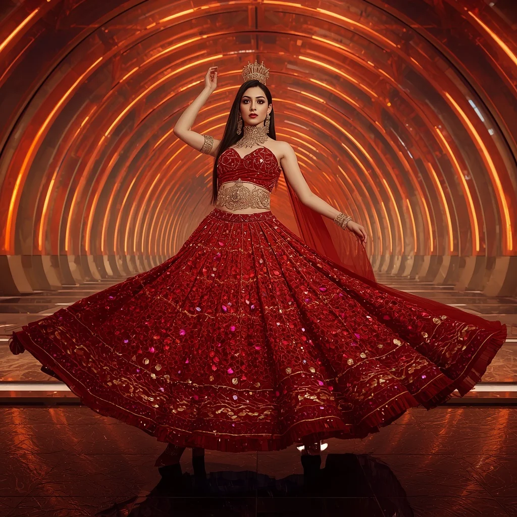 Scarlet Sunburst Empress Saree with Solar Bloom Infinity Palace | Prompt Ai