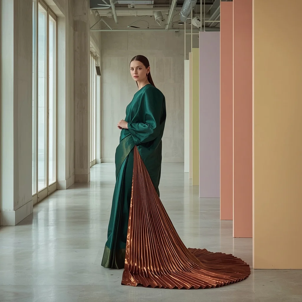 Sculptural Pre-Draped Saree in Deep Emerald and Bronze Lamé | Cute Ai Prompt
